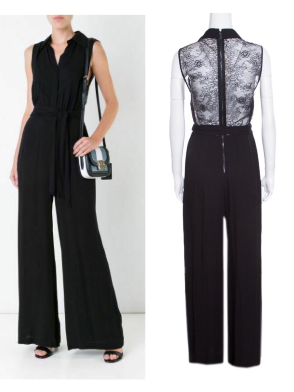Alice + Olivia Black Sleeveless Lace-Back Jumpsuit Nya Wide Leg Dress Pants Sz4